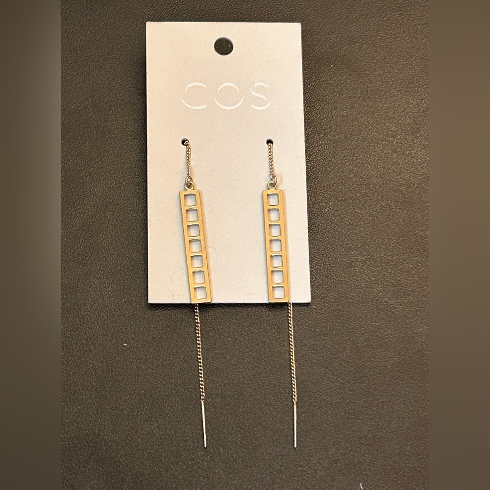 COS Gold Tone Threader Earrings Ladder Dangle Drop Rectangular Thread Dressy